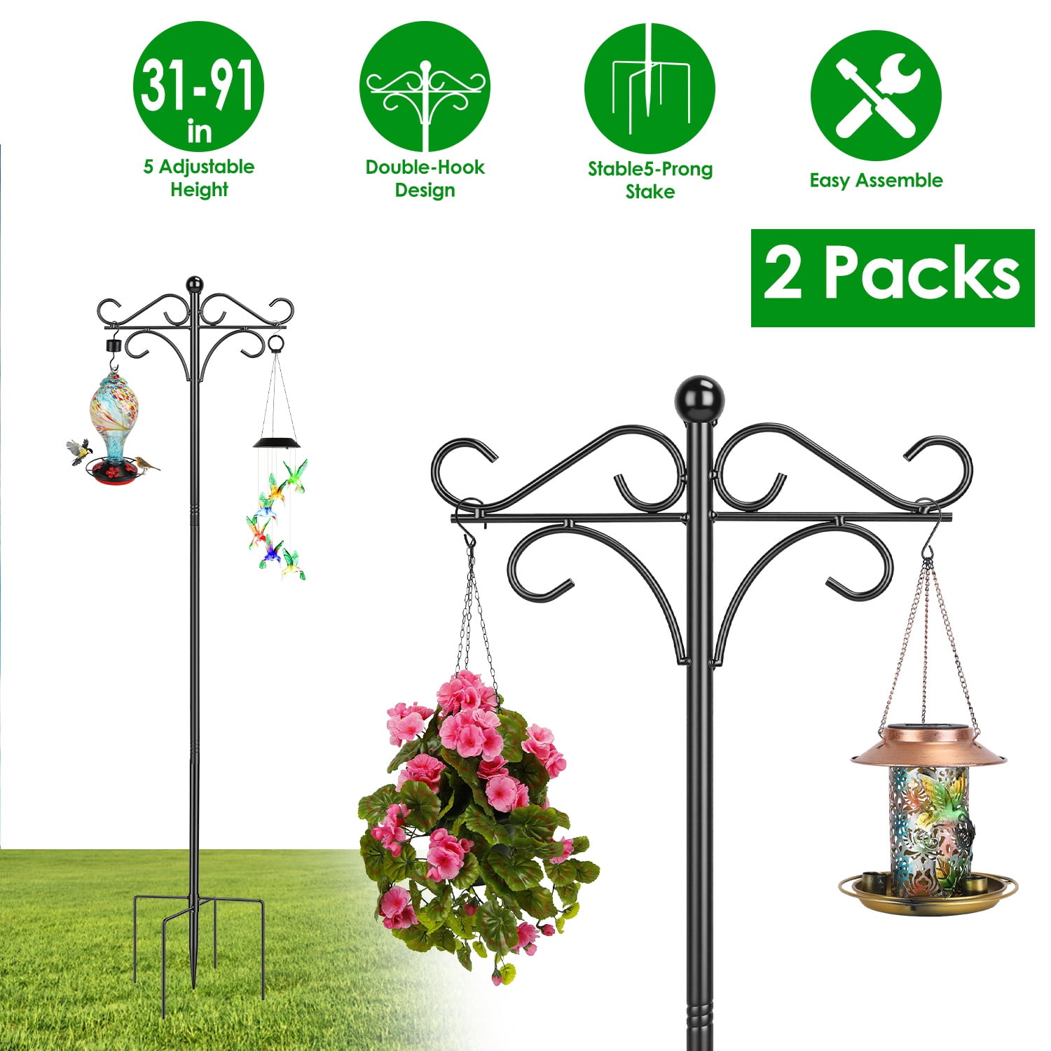 Imountek 2Packs Heavy Duty Double Shepherds Hook, 91in Adjustable Height Garden Hanging Pole with 5 Prong Base for Bird Feeder Garden Plant Lantern