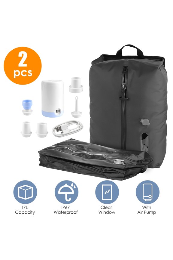 2Pcs 17L Vacuum Compression Bags with Rechargeable Pump, IP67 Waterproof TPU Travel Storage Bags with Clear Window & Handle for Luggage Organizing