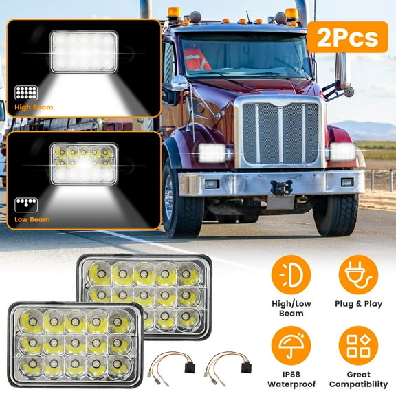 Imountek 2Pcs 4x6in LED Headlights for Car Sedan Truck Motorcycle, 1600lm High-Low Beam, H4 Socket, IP68 Waterproof, 10-80V Compatible