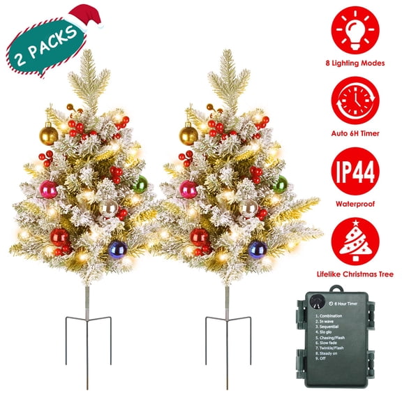 Imountek 2Pcs Battery Operated Lighted Christmas Tree Urn Filler, Outdoor Artificial Xmas Tree with 50 Warm LEDs, 8 Lighting Modes & Auto Timer, IP44 Waterproof