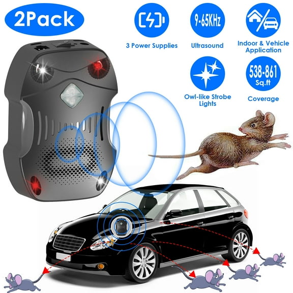 Imountek 2Pcs Car Rodent Chaser, Under Hood Ultrasonic Mouse Blocker with Strobe Light 3 Power Supplies for Vehicle Indoor