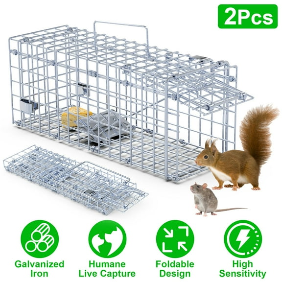 Imountek 2Pcs Foldable Rat Trap Cage, Humane Live Rodent Trap Cage Bait Catch with Detachable L Shaped Rod for Indoor Outdoor, 16"x5"x6"