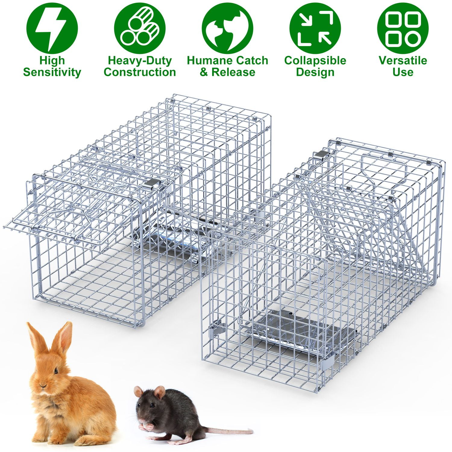 Imountek 2Pcs Humane Live Animal Trap Cage, Collapsible Galvanized Iron Rodent Trap Cage Catch and Release for Small Squirrel Raccoon Feral Cat, 18"x8"x10"