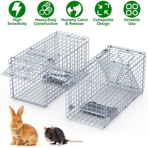 Imountek 2Pcs Humane Live Animal Trap Cage, Collapsible Galvanized Iron Rodent Trap Cage Catch and Release for Small Squirrel Raccoon Feral Cat, 18"x8"x10"
