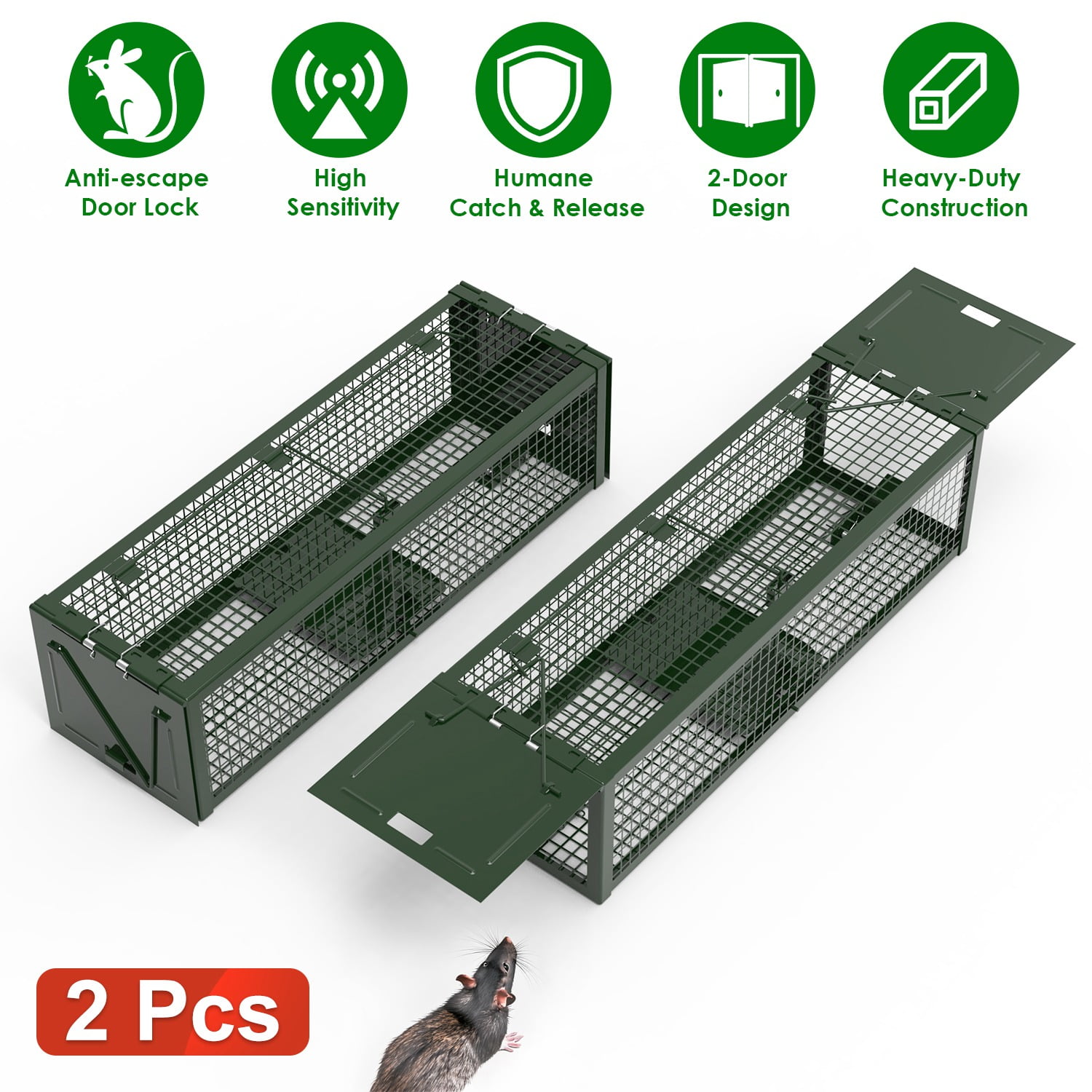 Imountek 2Pcs Humane Mouse Trap, 2-Door Galvanized Iron Rat Trap Cage Reusable for Home Garden Farm Warehouse, 15.35x4.72x3.94in