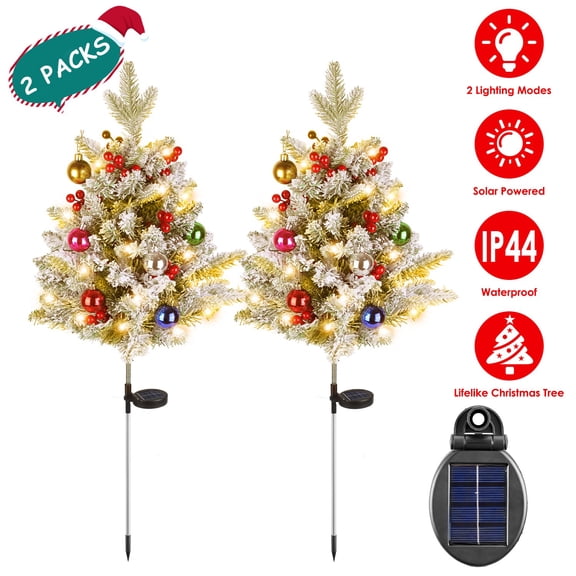 Imountek 2Pcs Solar Lighted Christmas Tree Urn Filler, Outdoor Artificial Xmas Tree with 50 Warm LEDs, Berries & Decor Balls, 2 Lighting Modes, IP44 Waterproof