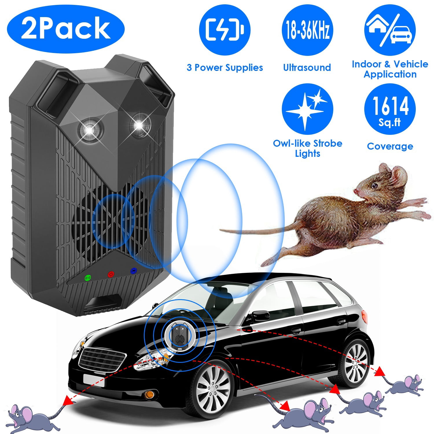 Imountek 2Pcs Under Hood Ultrasonic Rodent Repellent, Car Mouse Blocker with Strobe Light 3 Power Supplies for Vehicle Indoor, Black
