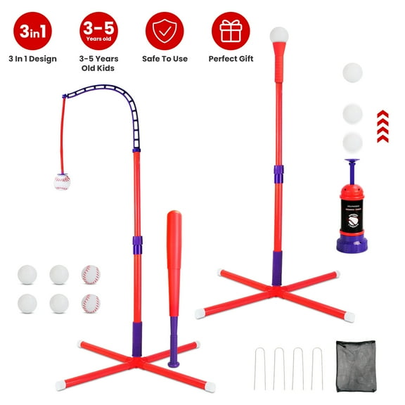 Imountek 3 in 1 Baseball Toy Set for Toddlers & Kids Ages 3-5, Tee Ball Stand Hanging Tee Automatic Ball Launcher with Adjustable Height for Indoor Outdoor Sports