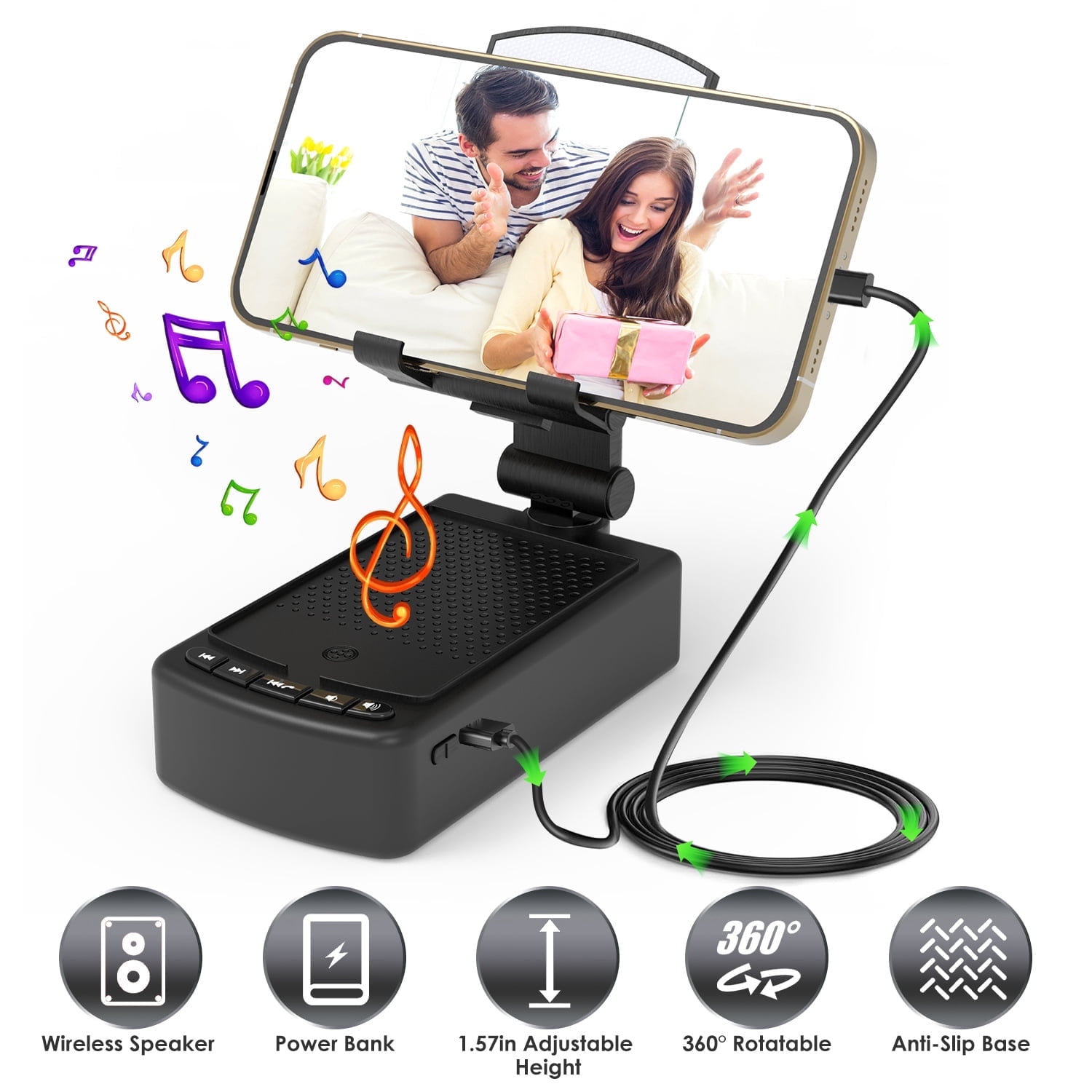 Imountek 3 in 1 Cell Phone Stand with Wireless Speaker, 8000mAh Power Bank, Compatible with Phone Tablet, Foldable Design for Home Office Outdoor, Black