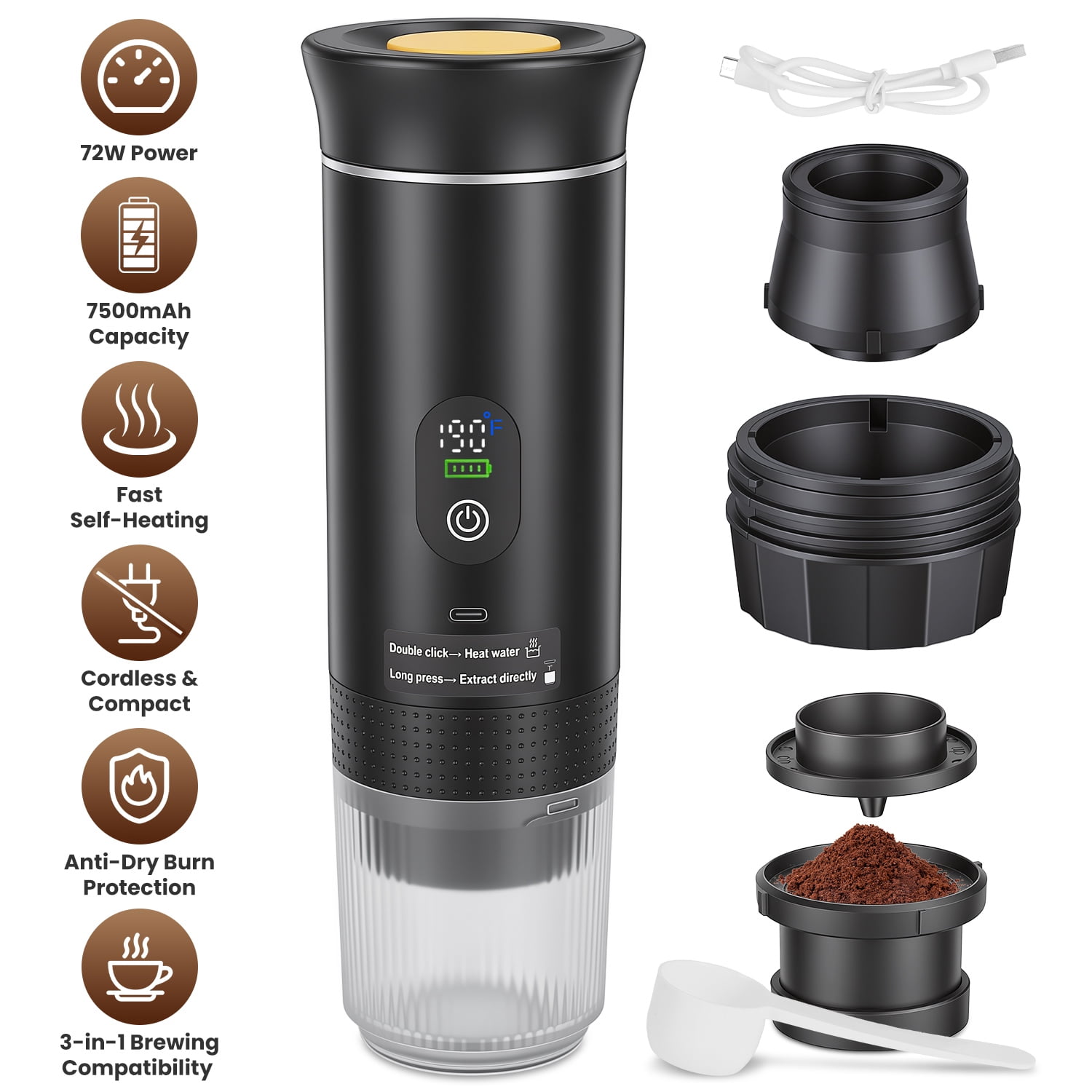 Imountek 3 in 1 Cordless Portable Espresso Maker, Self-Heating Travel Coffee Machine with 20Bar Pressure, 7500mAh Rechargeable Battery, 194℉ Heating Anti-Dry Burn