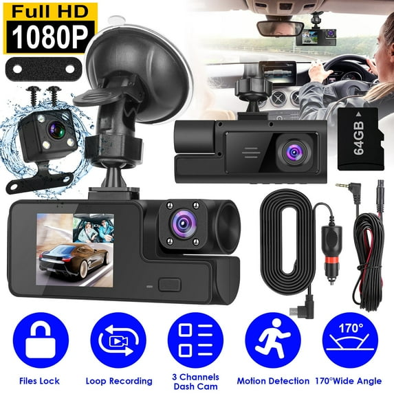 Imountek 3 Channel WiFi Dash Cam with Front, Rear & Inside Camera, 1080P FHD, 170° Wide Angle, Loop Recording, Motion Detection, 64GB Card & Reversing Visual Included