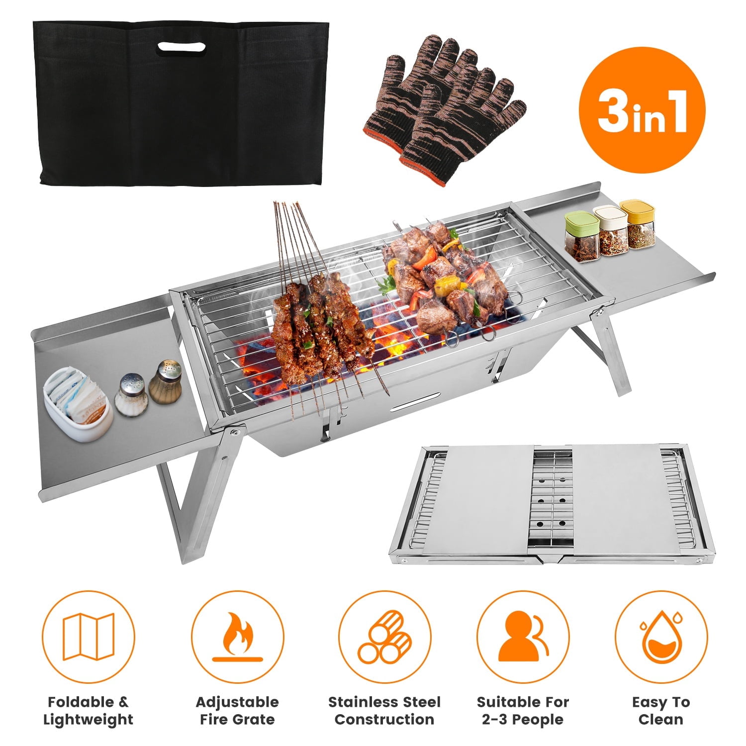 Imountek 3 in 1 Foldable Charcoal Grill, Fire Pit Slow Cooker 2-3 People Stainless Steel BBQ Grill for Camping Tailgating Yard