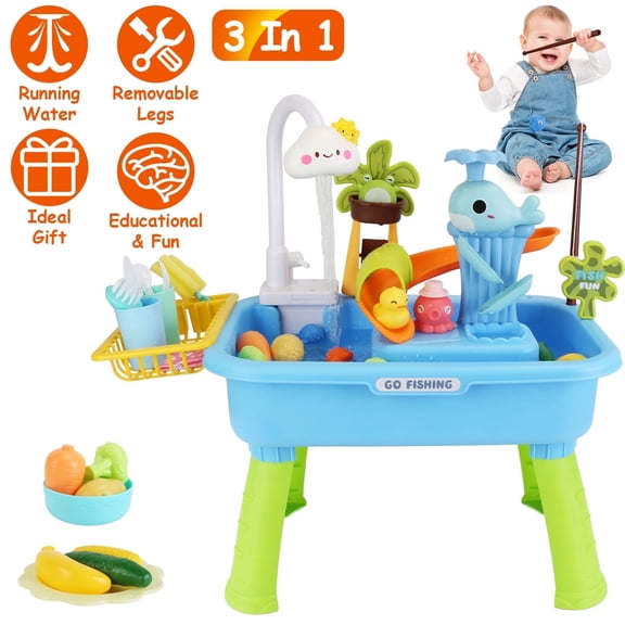 Imountek 3 in 1 Kids Water Play Table with Electric Faucet, Kitchen Sink & Fishing Game, Role Play Toy for Toddlers Ages 3+, Blue