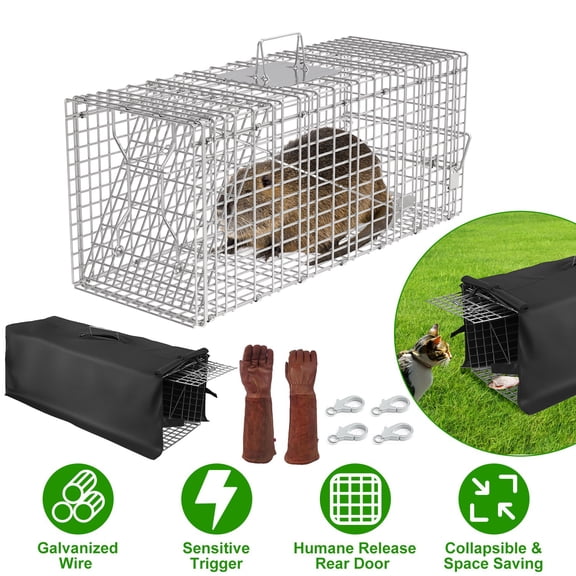 Imountek 30.5x11x12in Humane Live Animal Trap Collapsible Galvanized Cage with Waterproof Cover & Gloves for Raccoons Foxes Groundhogs Stray Cats