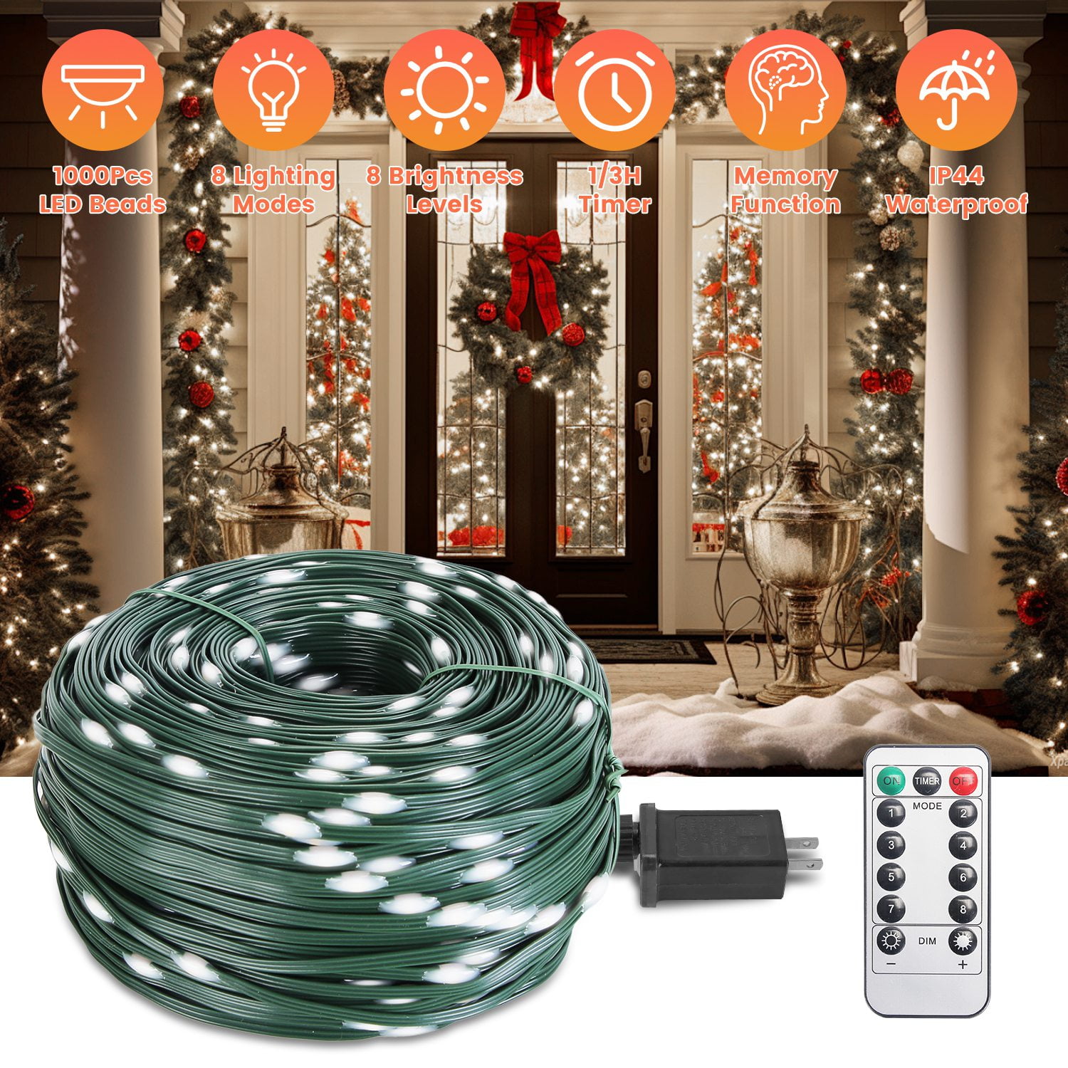 Imountek 330ft 1000LED Outdoor String Lights with Remote, IP44 Waterproof 8 Modes & Timer, Plug-in Fairy Lights for Christmas Garden Party Decor, White