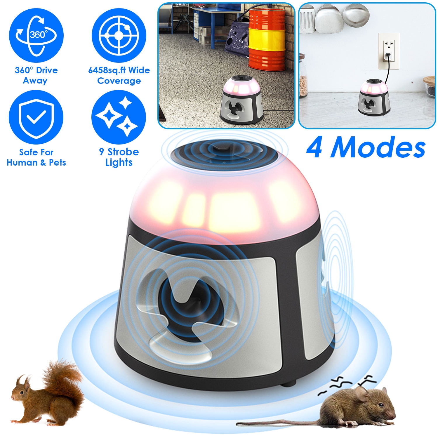 Imountek 360° Ultrasonic Mice Repellent 4 Modes 9 LED Strobe Lights Alarm Horn Indoor Pest Control for Kitchen Garage Warehouse