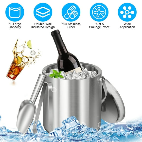 Imountek 3L Insulated Ice Bucket & Tong Sets, Double-Wall Stainless Steel Ice Cooler for Wine Champagne Beer Parties Cocktails