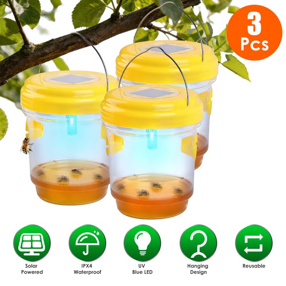 Imountek 3Pcs Solar Powered Wasp Traps Outdoor Hanging Insect Trap with LED Light for Wasps Yellow Jackets Hornets Flies Fruit Flies