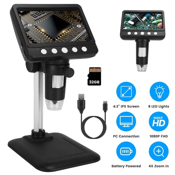 Imountek 4.3 Inch LCD Digital Microscope, 1000X Magnification 1080P Photo Video Magnifier with 8 Dimmable LED Lights, Compatible with MacOS Windows Included 32GB Card