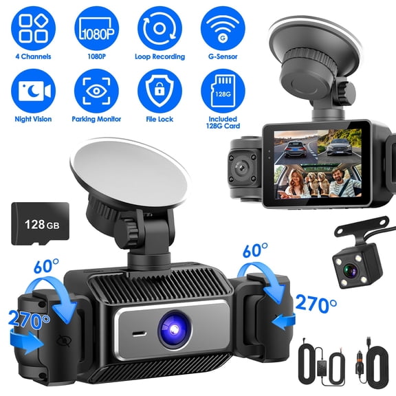 Imountek 4 Channel Car Dash Cam 1080P Front, 720P Interior, 480P Rear with 128GB Card, G-Sensor, Parking Monitor, Night Vision