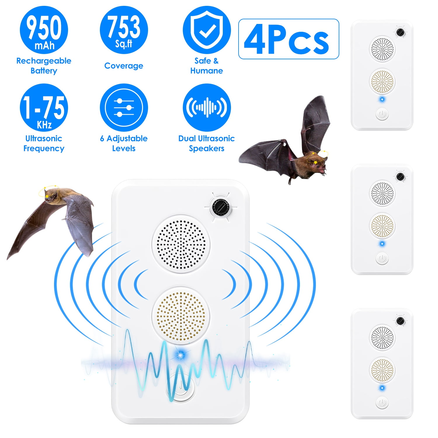 Imountek 4pack Rechargeable Ultrasonic Bat Repellent, 75KHz Indoor Outdoor Bat, Bird, Mouse Repeller with 6 Levels for Attic, Porch, Garage