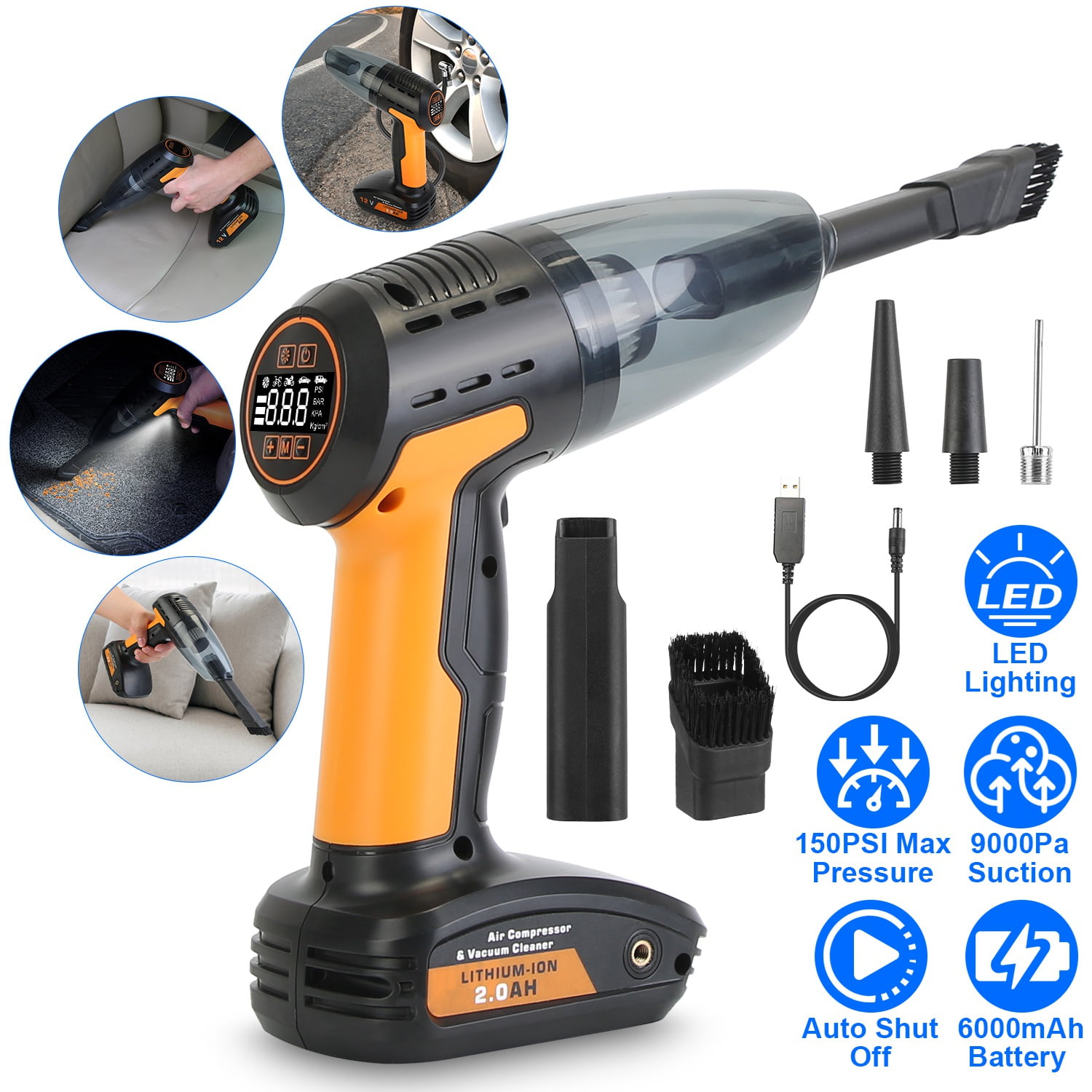 Imountek 4 in 1 Cordless Car Vacuum Cleaner and Tire Inflator, 150PSI Rechargeable Air Compressor Pump with LED Light & Digital Display