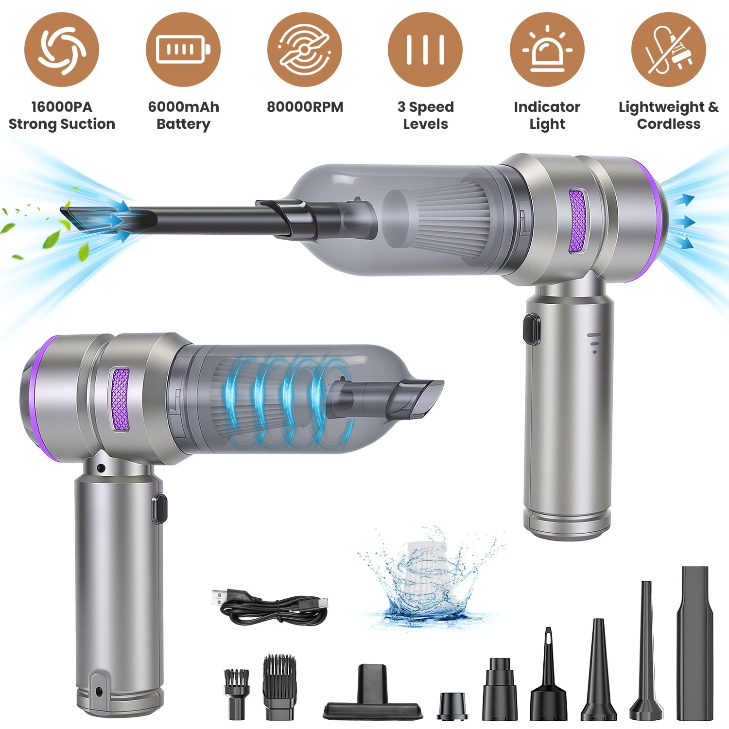 Imountek 4 in 1 Cordless Handheld Vacuum Cleaner 16000PA Brushless Motor Air Duster Blower Inflator with Reusable Filters for Car Home Office