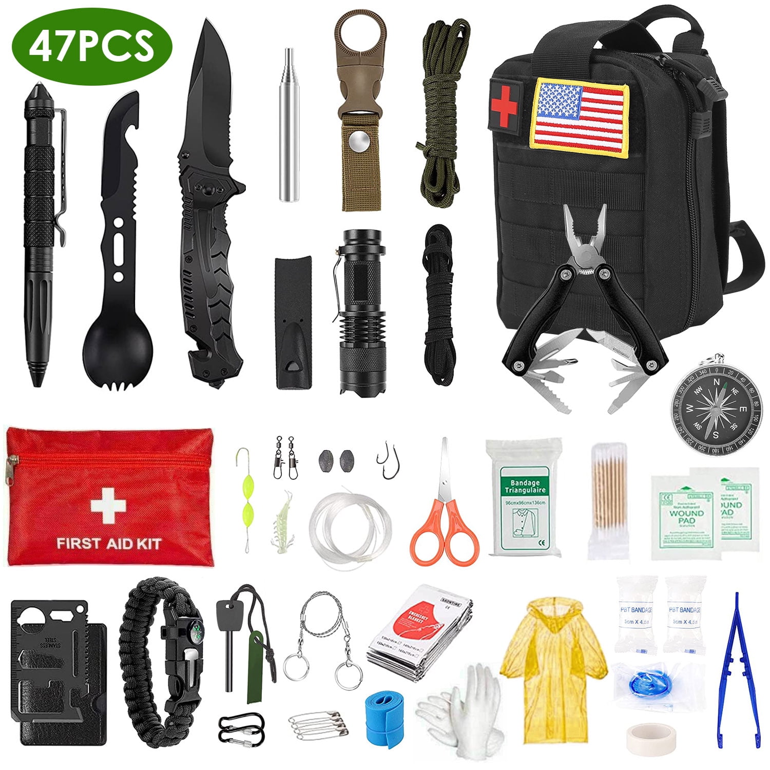 Imountek 47Pcs Emergency Survival Kit, Outdoor Mini First Aid Kit with Portable Pouch for Hiking Camping Adventure, Black