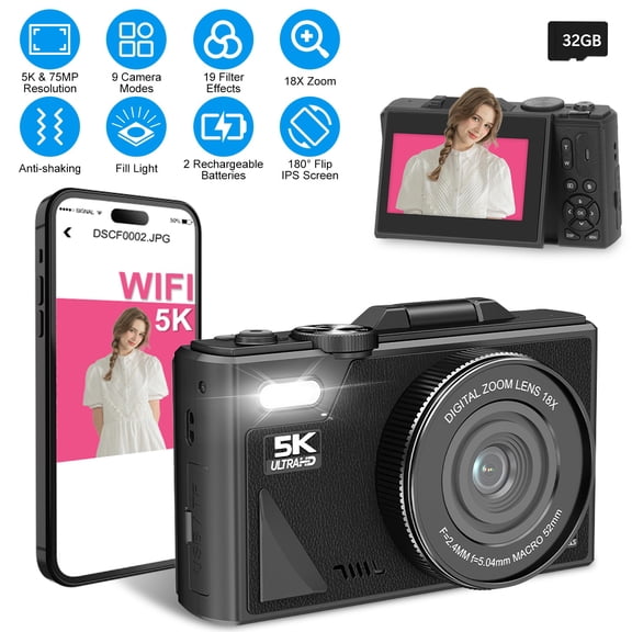 Imountek 5K 75MP Digital Camera with WiFi, 180 Flip Screen, 18X Zoom, Webcam & 32GB Card, Ideal for Vlogging and Photography