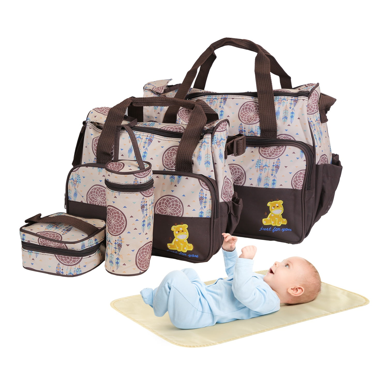Imountek 5Pcs Baby Diaper Bag Set Multi-Pocket Travel Tote Bags with Diaper Pad Food Bag Bottle Bag for Mom Dad, Coffee