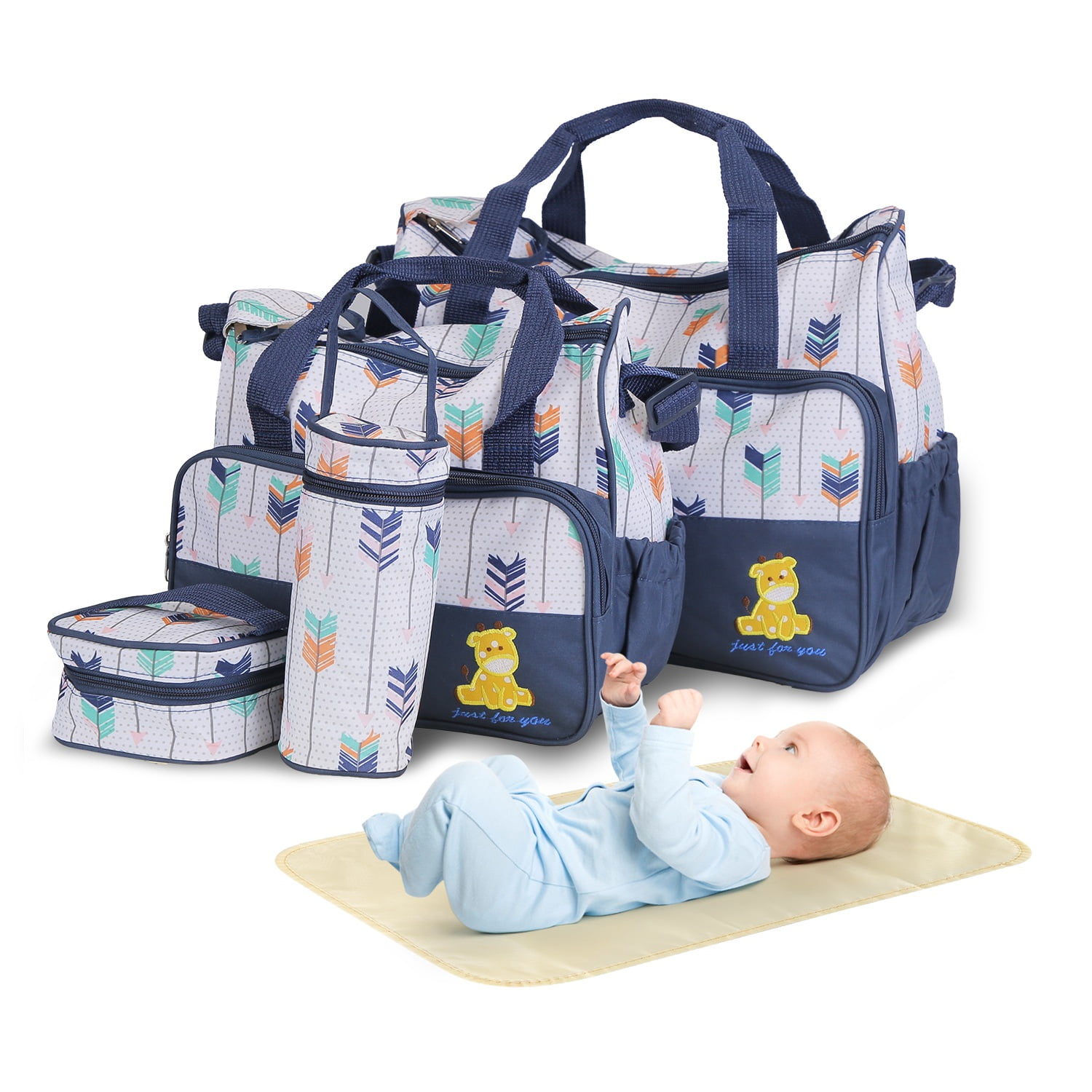 Imountek 5Pcs Baby Diaper Bag Set Multi-Pocket Travel Tote Bags with Diaper Pad Food Bag Bottle Bag for Mom Dad, Dark Blue
