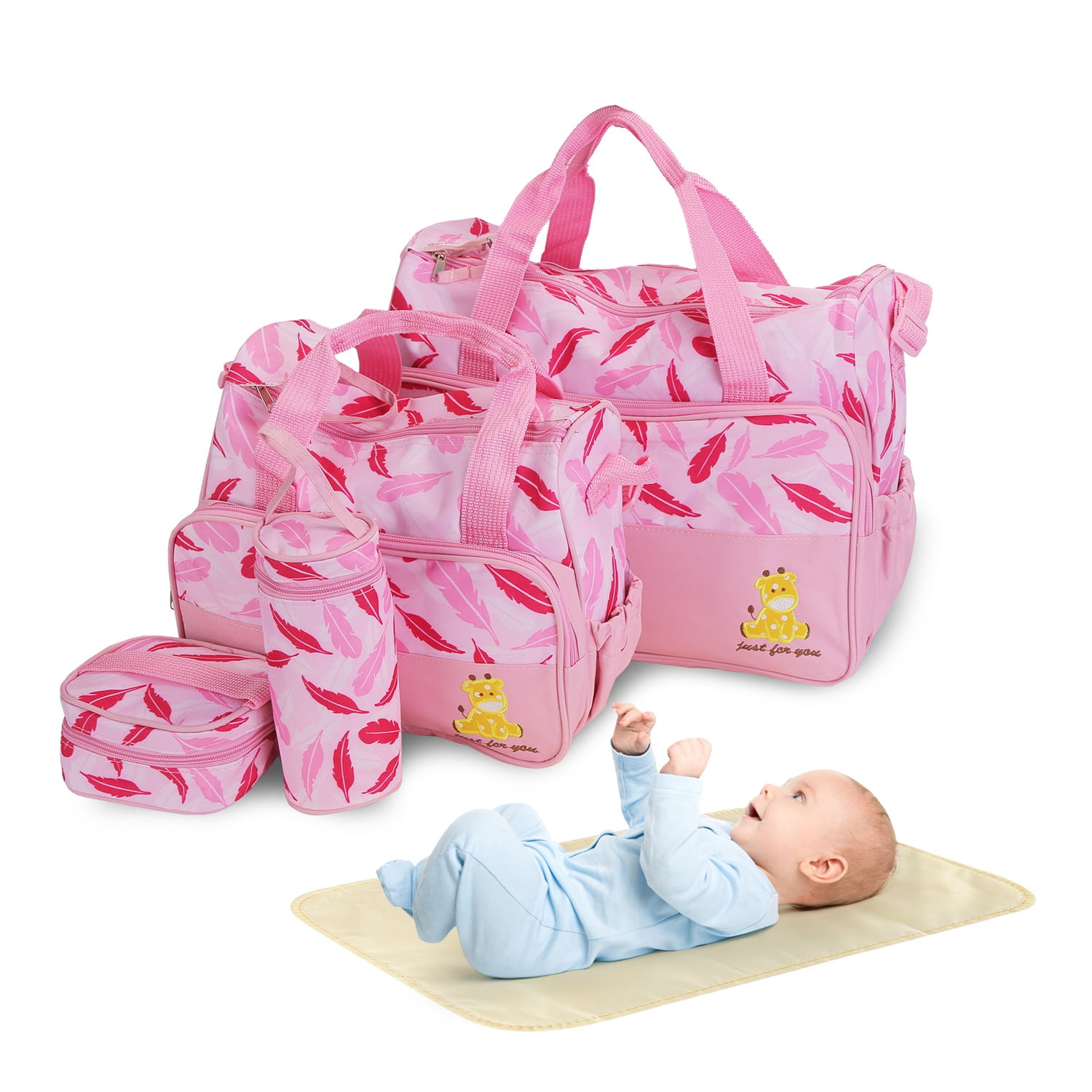 Imountek 5Pcs Baby Diaper Bag Set Multi-Pocket Travel Tote Bags with Diaper Pad Food Bag Bottle Bag for Mom Dad, Light Pink
