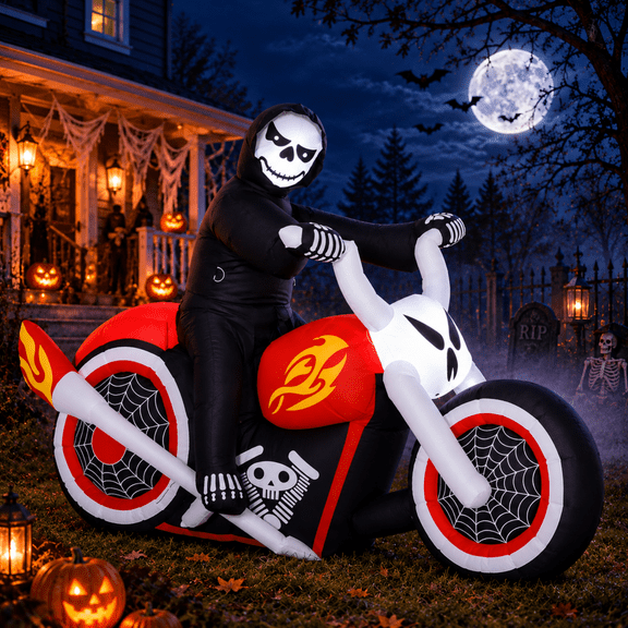 Imountek 6 FT Halloween Inflatable Grim Reaper on Motorcycle, Skeleton Biker Outdoor Decoration with LED Lights, IP44 Waterproof for Yard Lawn Garden
