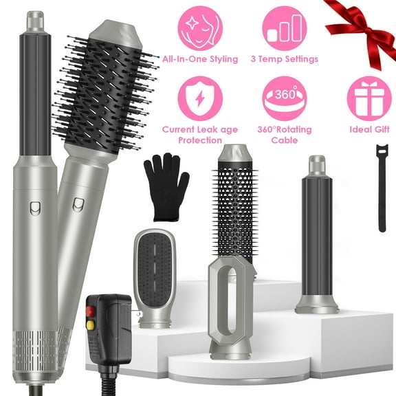 Imountek 6 in 1 Hot Air Styler, Hair Dryer Brush, Volumizer, Straightener, Curler with 3 Temp Settings, Automatic Wrap Styler, ALCI Plug, Silver