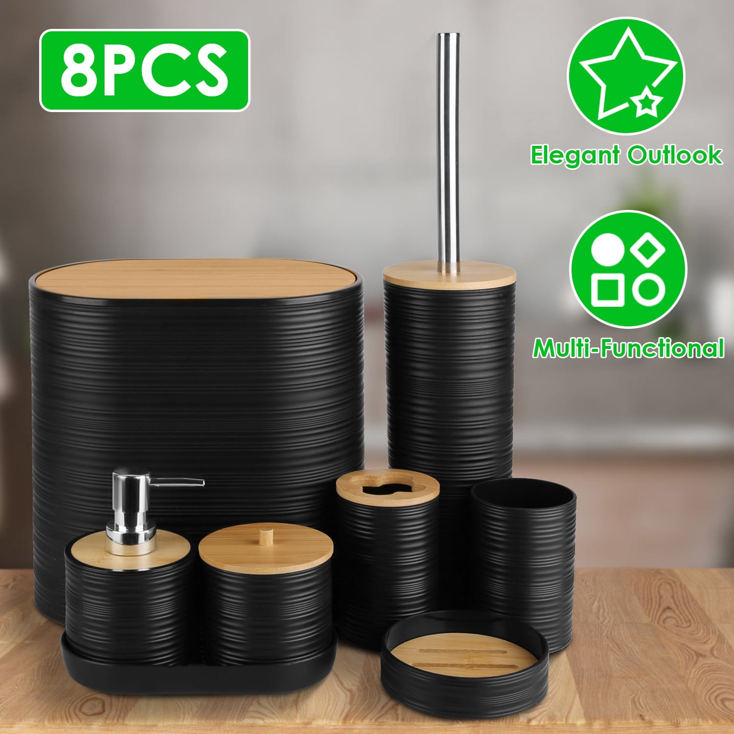 Imountek 8Pcs Bathroom Accessories Set, ABS & Bamboo Black Bathroom Decor Sets with Trash Can Toilet Brush for Home Hotel Office