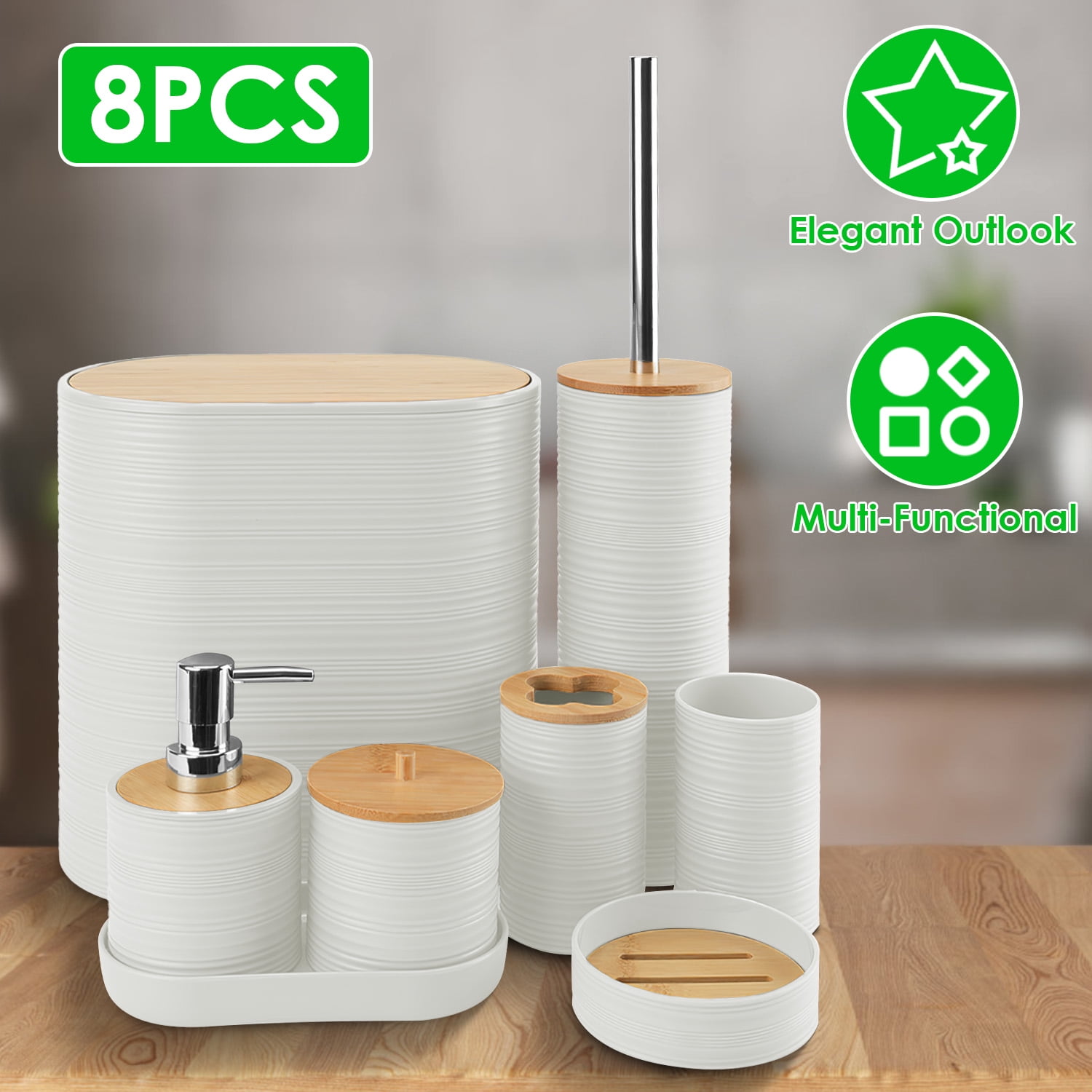 Imountek 8Pcs Bathroom Accessories Set, ABS & Bamboo White Bathroom Decor Sets with Trash Can Toilet Brush for Home Hotel Office