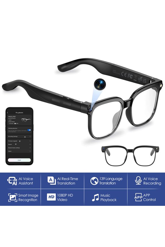 AI Smart Glasses with 8MP Camera 1080P Video, AI Chat Sunglasses Real-Time Translation 139 Languages, Voice Assistant, Open-Ear Audio, Music & Hands-Free Calling for Travel Meeting Vlog