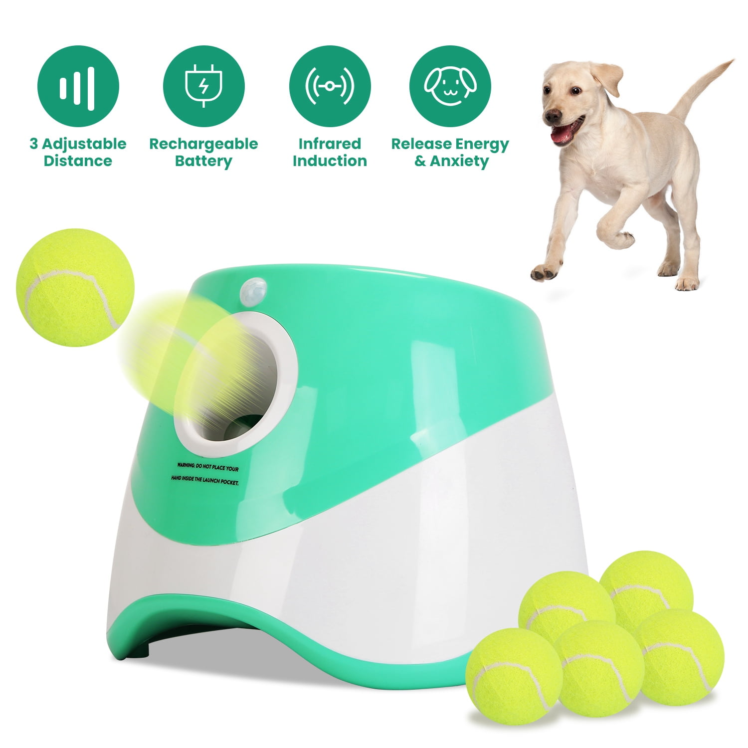 Imountek Automatic Dog Ball Launcher, 3 Adjustable Distances Interactive Dog Ball Thrower Fetch Machine with 6 Tennis Balls