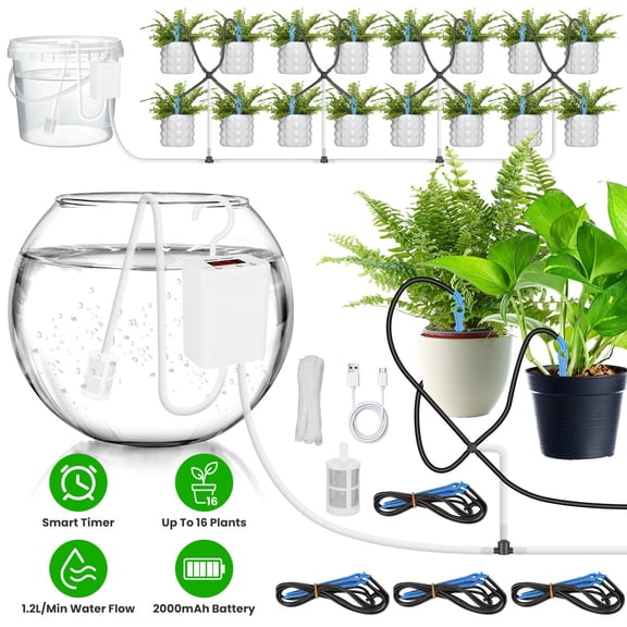 Imountek Automatic Plant Watering System, Rechargeable Drip Irrigation Kit with LCD Timer, 16 Drip Arrows for Indoor Houseplants Vacation Use
