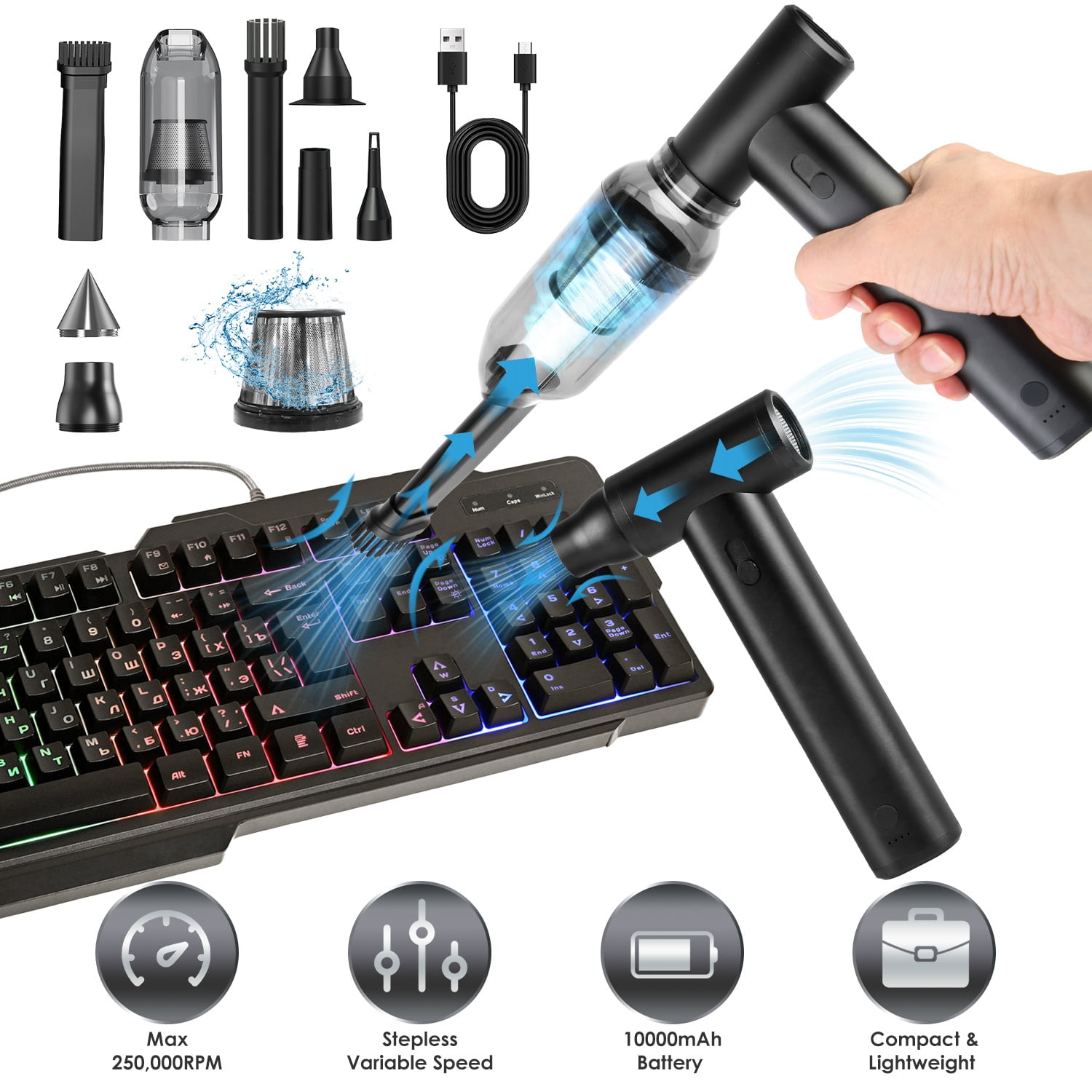 Imountek Compressed Air Duster, Cordless Vacuum Cleaner Brushless Motor 250000RPM Stepless Variable Speed 10000mAh Battery for PC Keyboard Car Home