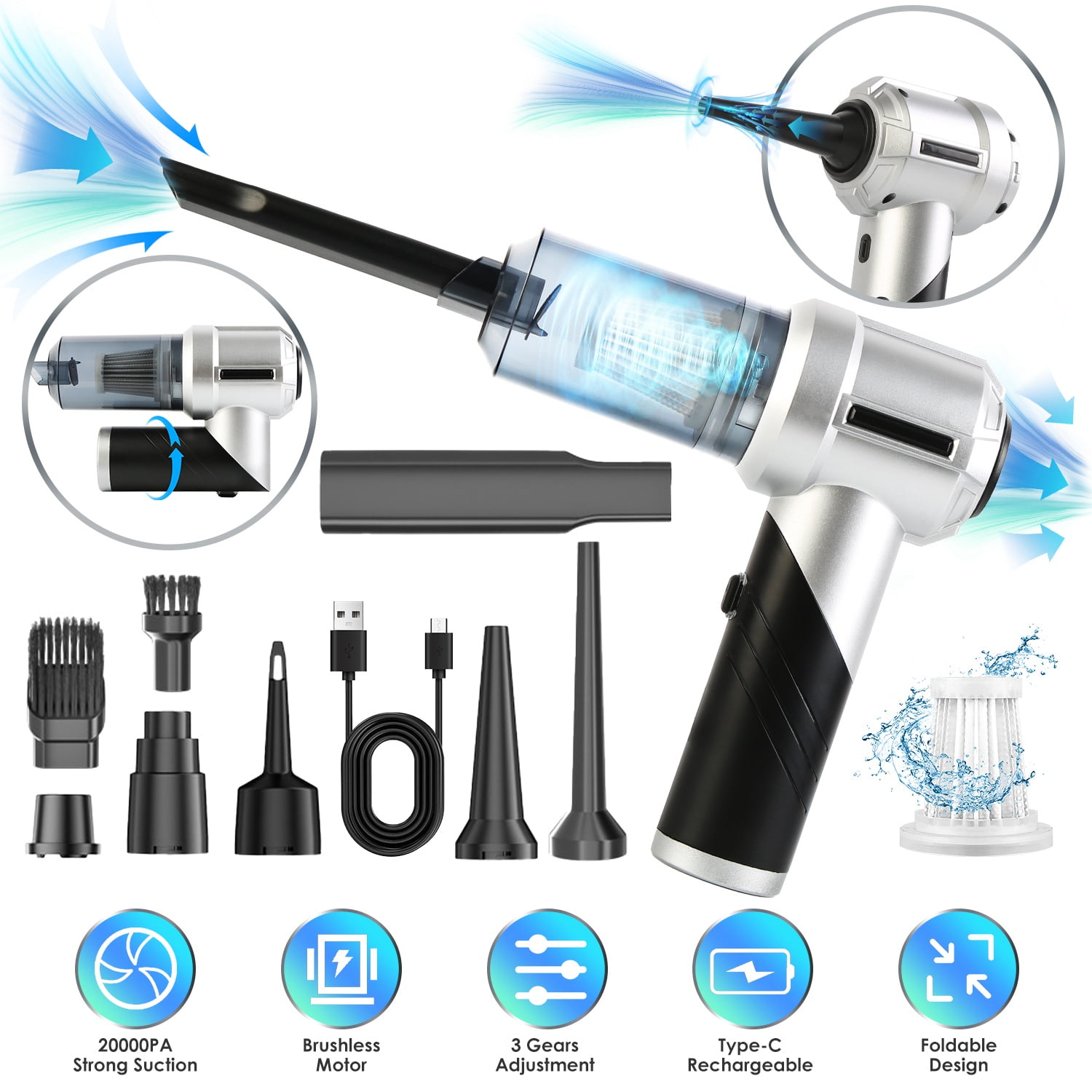 Imountek Cordless Car Vacuum Cleaner, 20000PA Portable Handheld Vacuum with Brushless Motor, 3 Suction Levels, Blower & Inflator for Home Car Office