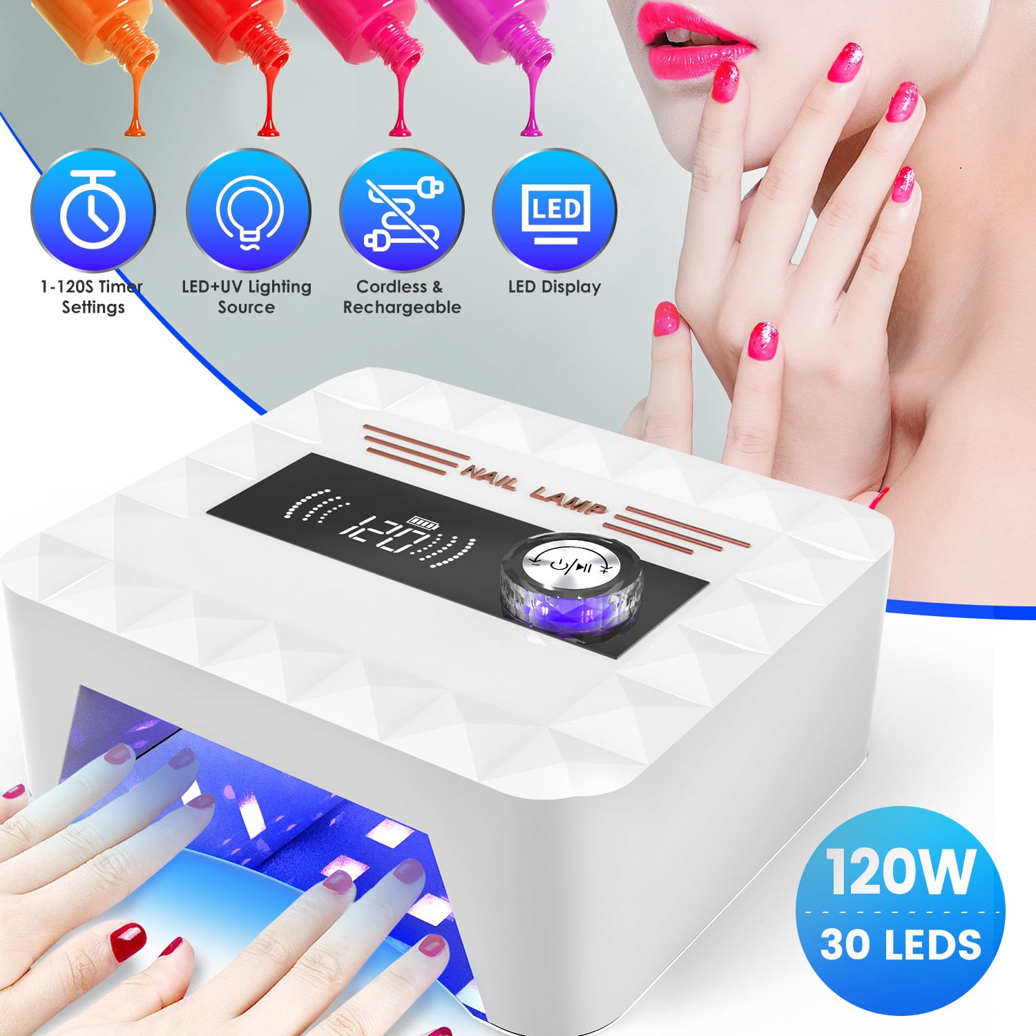 Imountek Cordless UV/LED Nail Lamp 120W, 30 Beads Rechargeable Gel Polish Light with LED Display, 1-120s Timer, Magnetic Base for Salon & Home