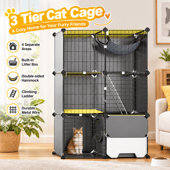 Imountek Detachable Metal Wire Cat Enclosure, 3-Tier Indoor Cat Playpen Cage with Pull-out Litter Box Hammock Ladder for Small Pet, Black