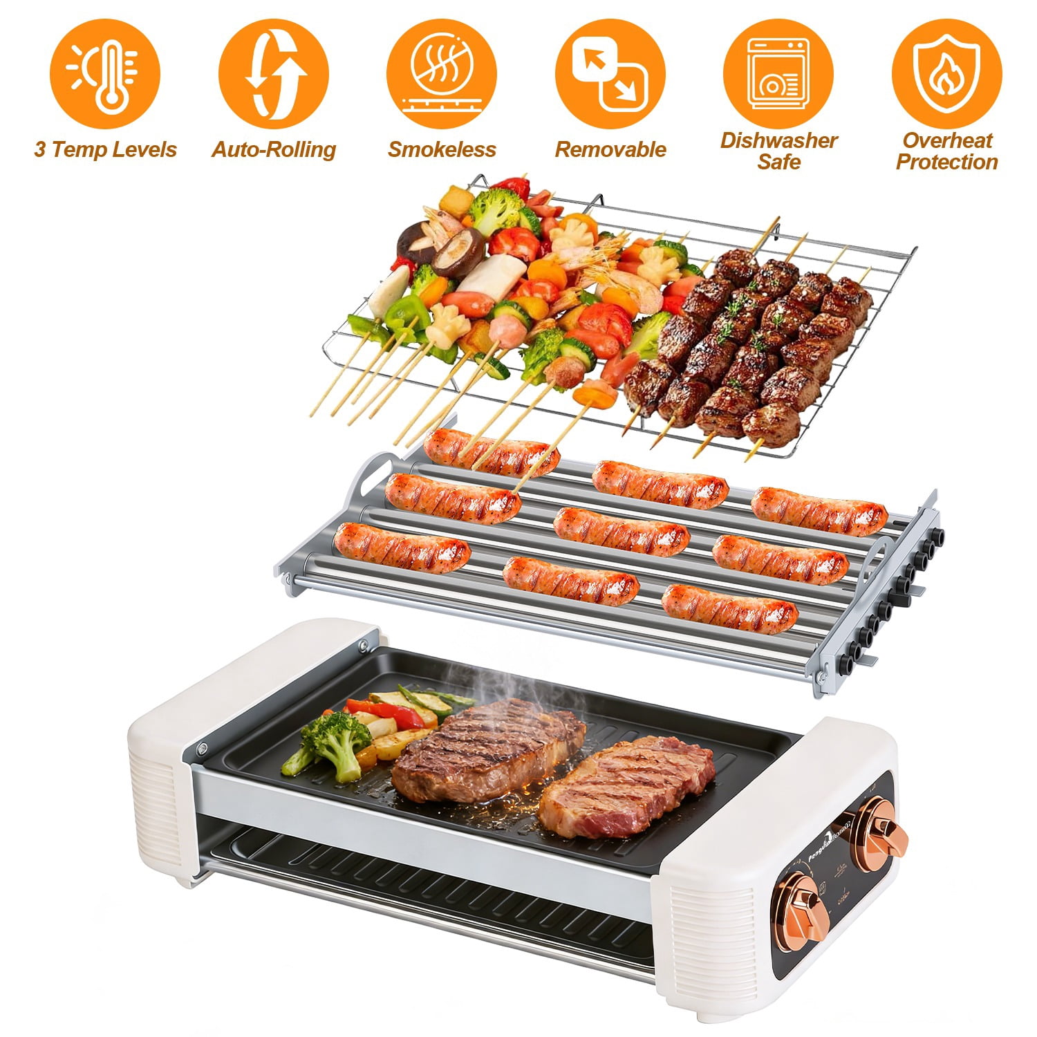 Imountek Electric Hot Dog Roller with Grill & Griddle, 3 in 1 Smokeless Indoor Grill 6-Roller Non-Stick 3 Temp Levels for Indoor BBQ