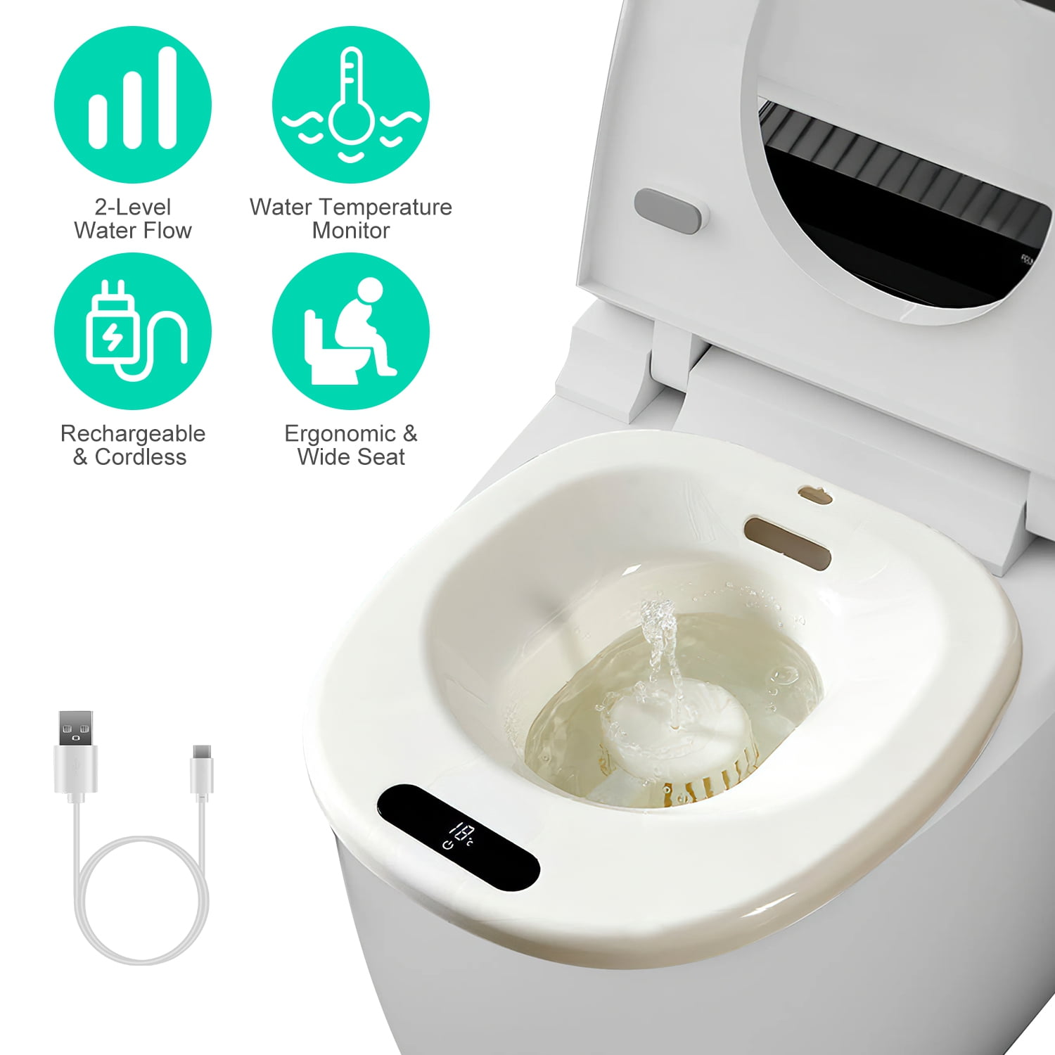 Imountek Electric Sitz Bath, 1500ML Postpartum Care Basin for Toilet Seat with 2-Level Water Flow Men Women Use, White