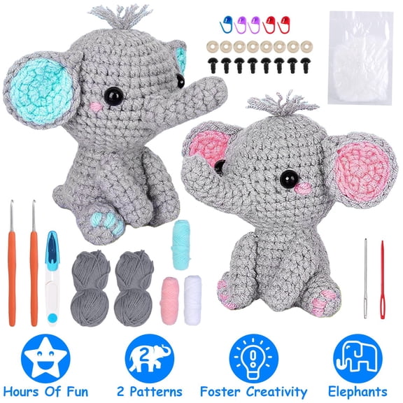 Imountek Elephant Crochet Set for Beginners, DIY Crochet Starter Kit with Video Tutorial for Kids Adults, 2 Elephant Patterns