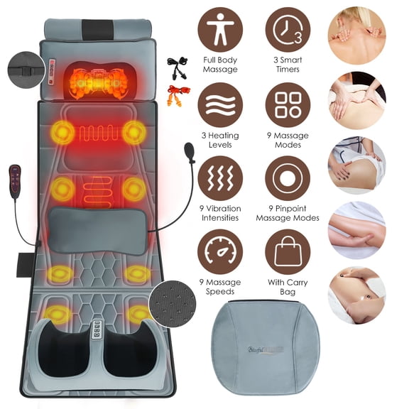 Imountek Flannel Full Body Massage Mat with Heat Timer, Multifunctional Electric Massage Chair Pad with Shiatsu Neck Foot Massager Lumbar Pillow Carry Bag Earplugs Anti-Slip Bottom for Home