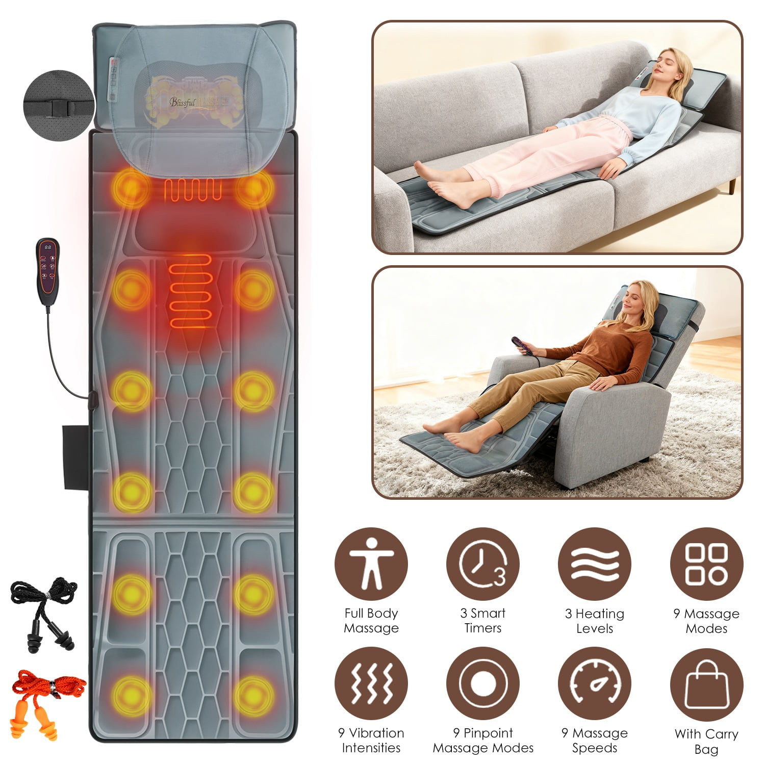 Imountek Flannel Full Body Massage Mat with Heat Timer, Multifunctional Electric Massage Chair Pad with Shiatsu Neck Massager Carry Bag Earplugs Anti-Slip Bottom for Home