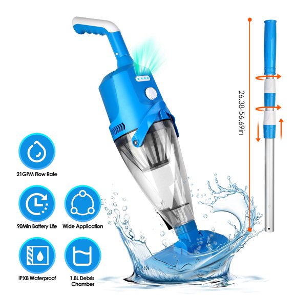 Imountek Handheld Pool Vacuum Cleaner, 21GPM Cordless Pool Vacuum with Telescopic Pole 1.8L Debris Chamber 90Mins Battery Life for In-ground Above-ground Pools Hot Tubs
