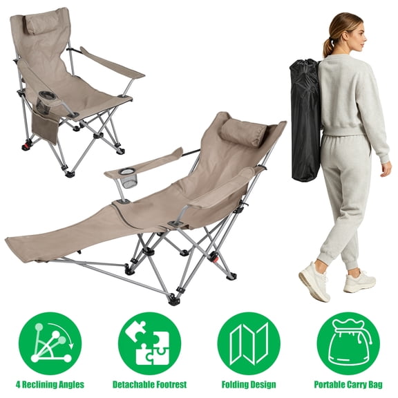 Imountek Heavy Duty Folding Beach Chair, 4-Position Adjustable Reclining Camping Chair with Detachable Footrest, Headrest Cup Holder & Side Pocket